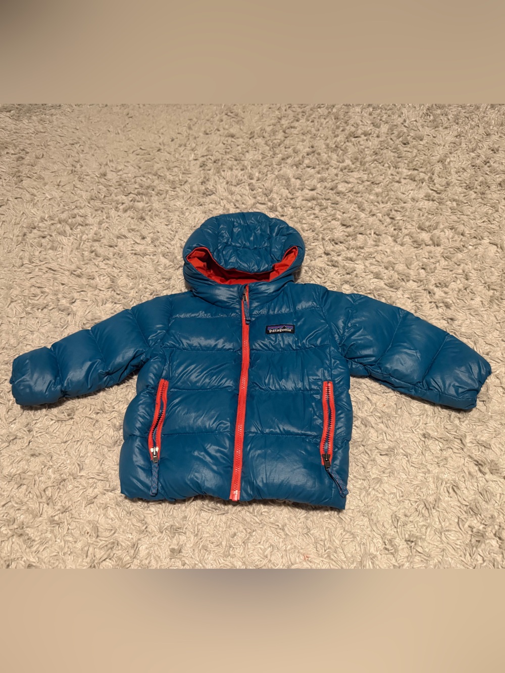 Patagonia Blue Kids Hooded Puffer Jacket with Red Accents
